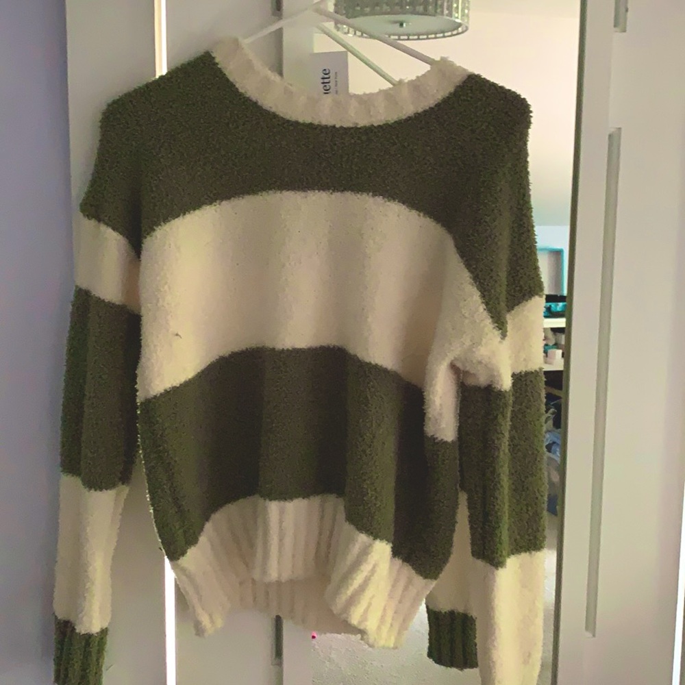 green and white matching sweater and shirt set
